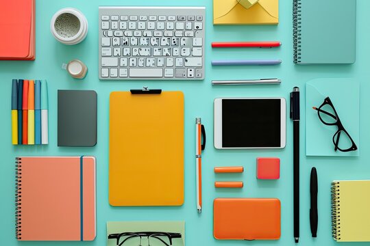 A stylized flat lay of colorful stationery and gadgets on a desk, ideal for showcasing productivity and organization 
