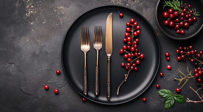 Une assiette avec couteau et fourchettes avec des baies sur un fond noir en ardoise, image avec espace pour texte