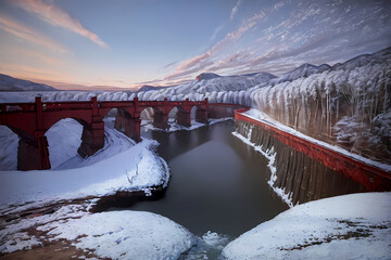 Riverside covered in snow. Generative AI.