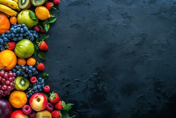 Assortiment de fruits sur un fond noir en ardoise, image avec espace pour texte - obrazy, fototapety, plakaty