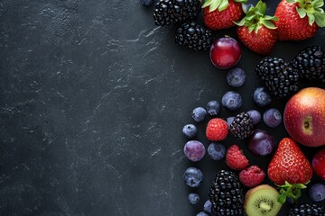 Assortiment de fruits sur un fond noir en ardoise, image avec espace pour texte