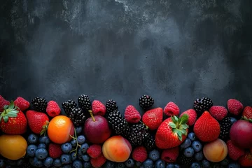 Fotobehang Assortiment de fruits sur un fond noir en ardoise, image avec espace pour texte © David Giraud