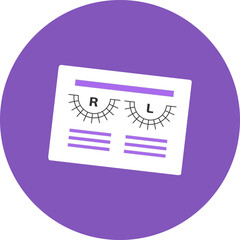 Optometry test card with eye chart. Purple circle background with vision examination tool. Ophthalmology, vision check and eye care concept vector illustration.