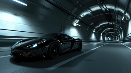 Fast luxury expensive supercar on the roads of a night urban, futuristic car of the future, filming in motion