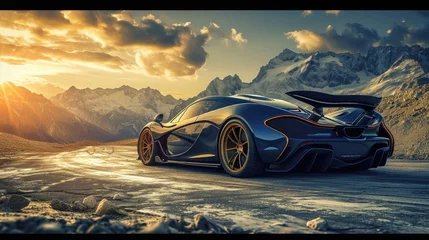 Tuinposter Fast luxury expensive supercar on the roads of a night urban, futuristic car of the future, filming in motion © Gizmo