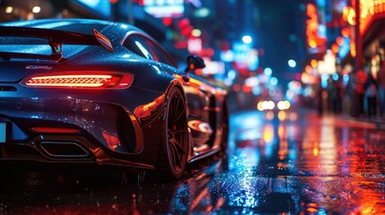 Fast luxury expensive supercar on the roads of a night urban, futuristic car of the future, filming in motion - obrazy, fototapety, plakaty
