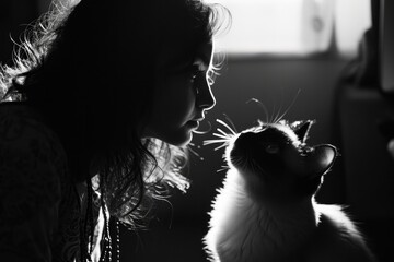 A contemplative woman gazes into the piercing eyes of her domestic cat, the monochrome contrast of their shared indoor space creating a sense of unity between human and feline - obrazy, fototapety, plakaty