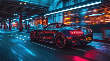 Keuken spatwand met foto Fast luxury expensive supercar on the roads of a night urban, futuristic car of the future, filming in motion © Gizmo