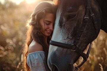 A girl embraces a majestic brown stallion in an idyllic outdoor setting, their bond unbreakable and their love for each other palpable - obrazy, fototapety, plakaty