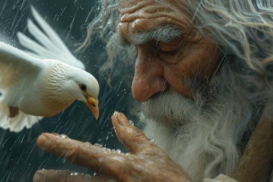 Poignant portrait biblical figure Noah stands hopeful anticipation, eyes fixed on horizon. Patiently waiting improved weather, he yearns for return of dove, embodying Christian faith and resilience