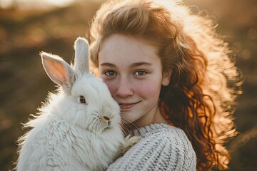 A young woman stands outdoors with a beaming smile, cradling a fluffy white rabbit in her arms, exuding warmth and innocence in her portrait