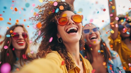 Young modern girls at the summer festival radiate energy and cheerfulness, smiling and raising their hands together