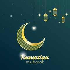 Crescent Islamic with Lanterns and stars for Ramadan Kareem. Ramadan Mubarak, Eid Mubarak. Golden Half Moon, Lamp. vector illustration design