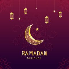 Naklejka premium Crescent Islamic with Lanterns and stars for Ramadan Kareem. Ramadan Mubarak, Eid Mubarak. Golden Half Moon, Lamp. vector illustration design
