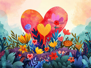 Fototapeta na wymiar Colorful Illustration of Valentine's Day Theme with Heart Motifs and Love Elements