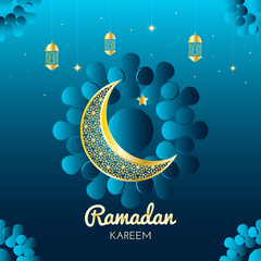 Crescent Islamic with Lanterns and stars for Ramadan Kareem. Ramadan Mubarak, Eid Mubarak. Golden Half Moon, Lamp. vector illustration design