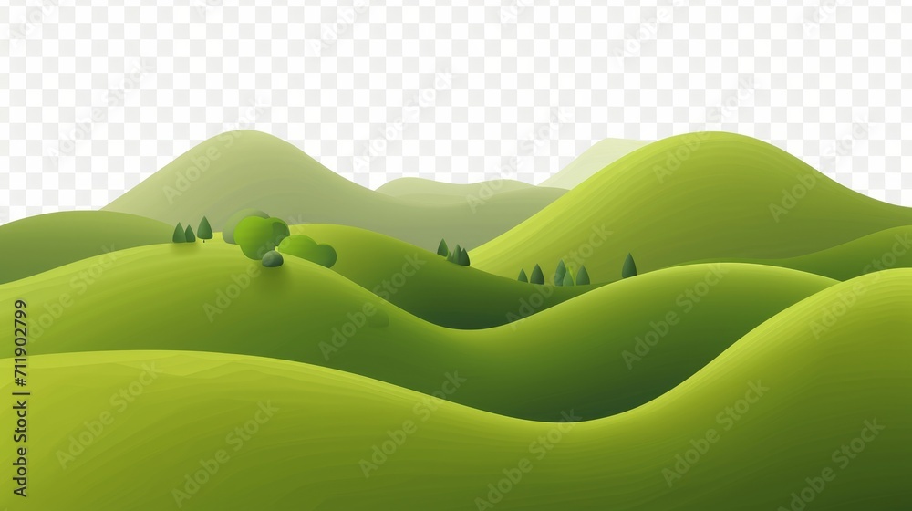 Wall mural 3d realistic cartoon green hills on transparent background. summer landscape element. minimal nature