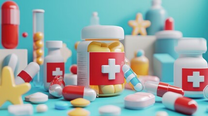 3d pharmacy drug for health pharmaceutical. pharmacy health icon of first aid and health care. Medical 3d symbol of emergency help. 3d aid medicine first care icon vector render illustration - obrazy, fototapety, plakaty