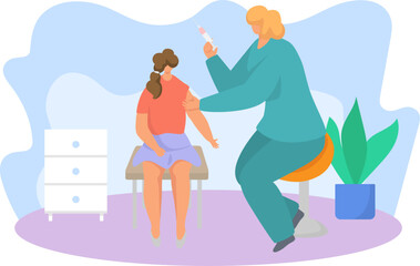Female nurse giving injection to young patient in clinic. Healthcare professional vaccinating woman in medical office vector illustration.