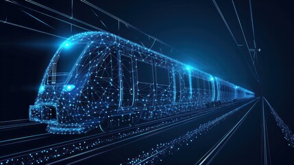 Abstract polygonal 3d wireframe of modern train at railway station or metro. Digital vector mesh looks like starry sky. Rapid transit system, transportation, railway logistics concept in dark blue - obrazy, fototapety, plakaty