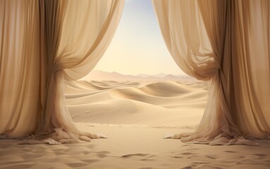 White tent entrance in the middle of the vast expanse of the desert. Tent entrance curtains surrounded by a sea of golden sand in a peaceful setting in the heart of the arid region. - obrazy, fototapety, plakaty