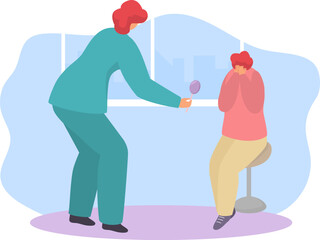 Caucasian woman getting an eye exam, optometrist testing patient s vision. Eye health and vision care checkup vector illustration.