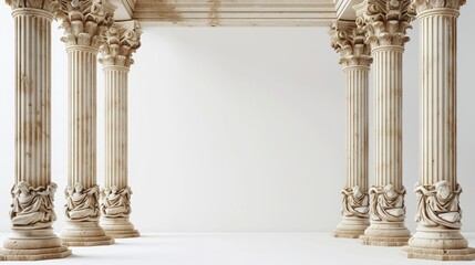 Background for product presentation. Antique columns ans statues on white background - obrazy, fototapety, plakaty