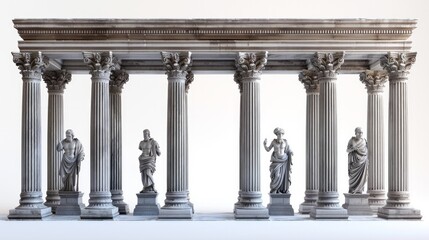 Background for product presentation. Antique columns ans statues on white background