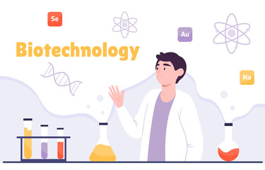 Man with biotechnology. Young guy in medical coat conduct scientific research. Scientist with flasks with reagents in laborathory. Education and learning. Cartoon flat vector illustration
