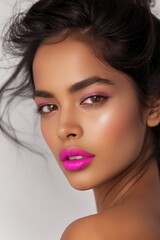 Generated imageBeautiful Indian woman with pink lips and eye shadow on a white background