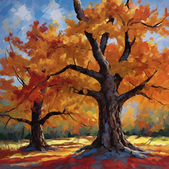 Oil painting of Autumn landscape with a big maple tree in the forest. painting of Pin oak tree in...