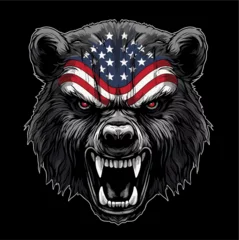Foto op Plexiglas Vector drawing for t-shirt.  Ferocious bear with american flag on black background.  Fashionable print for fabric, paper, men clothing, hoodie, biker jacket. © TKalinovskaya