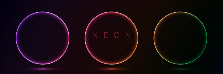 Set of glowing neon color circles round curve shape with wavy dynamic lines isolated on black background technology concept. Circular light frame border for badges, price tag, label cards, logo design