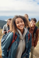 Multiethnic group of teenage friends hiking in the mountains