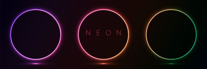 Set of glowing neon color circles round curve shape with wavy dynamic lines isolated on black background technology concept. Circular light frame border for badges, price tag, label cards, logo design