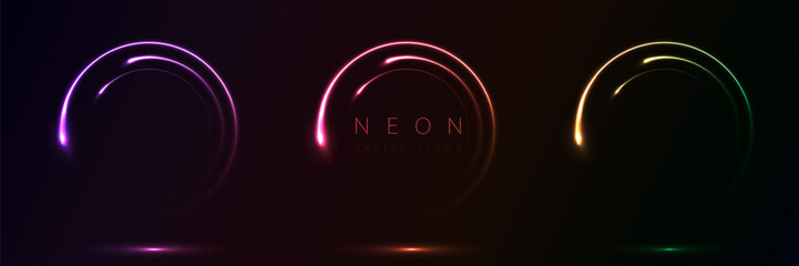 Set of glowing neon color circles round curve shape with wavy dynamic lines isolated on black background technology concept. Circular light frame border for badges, price tag, label cards, logo design