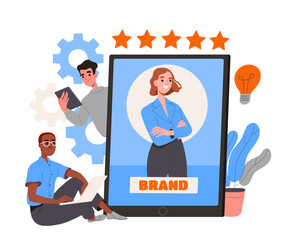 Building your brand concept. Men near tablet with corporate woman. Advertising and marketing. Promotion on internet and social networks. Team of marketers. Cartoon flat vector illustration