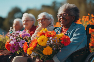 Diverse senior women in wheelchairs share joy with flowers on International Women's Day.