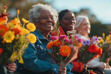 Three diverse old women beam with joy, holding bright bouquets to celebrate International Women's Day together
