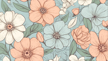 Background of flowers illustrated with pastel colors and dark outline. Seamless pattern .