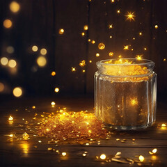 Glittering gold dust or glitter in a glass jar with shining christmas gold lights, bokeh particles on wooden table. clup, party  holiday, christmas background, 