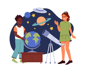 Children study space concept. Boy and girl with telescope look at night sky with stars. Astronomy and astrology. Galaxy with comets and planets, satellites. Cartoon flat vector illustration