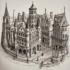 Sketch design of urban buildings in hand drawn style in medieaval, gothic style in Europe	