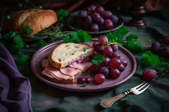 A pink plate with a sandwich, grapes, knife, and herbs. Generative AI