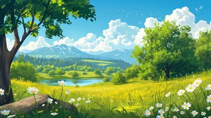 Gardinen Vector illustration of beautiful summer fields landscape with a dawn, green hills, bright color blue sky, country background in flat cartoon style banner © Orxan
