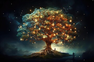 sparkling magical miracle tree at the edge, fairy-tale landscape, concept of magic, dream come true