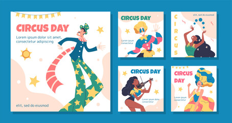 Fototapeta premium Circus day posters set. Artists in colorful costumes with red noses. Fun, entertainment and leisure. Amsement park workers. Cartoon flat vector collection isolated on blue background