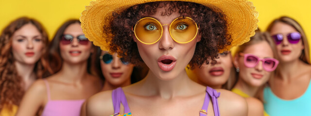 Shades of Sisterhood, A Vibrant and Glamorous Gathering of Women Bedecked in Sunglasses and Hats