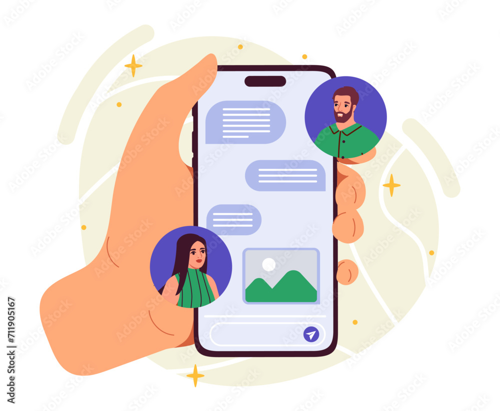 Wall mural communication on internet concept. hand with smartphone. messages in social networks, interaction in
