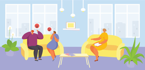 Therapy session with three people showing sad emotions, holding rating signs. Counselor taking notes, emotional expression, modern office vector illustration.